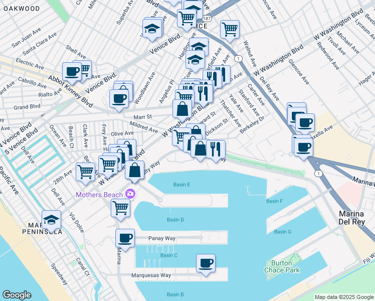 map of restaurants, bars, coffee shops, grocery stores, and more near 4334 Admiralty Way in Marina del Rey