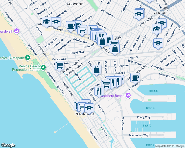 map of restaurants, bars, coffee shops, grocery stores, and more near 2403 Ocean Avenue in Los Angeles
