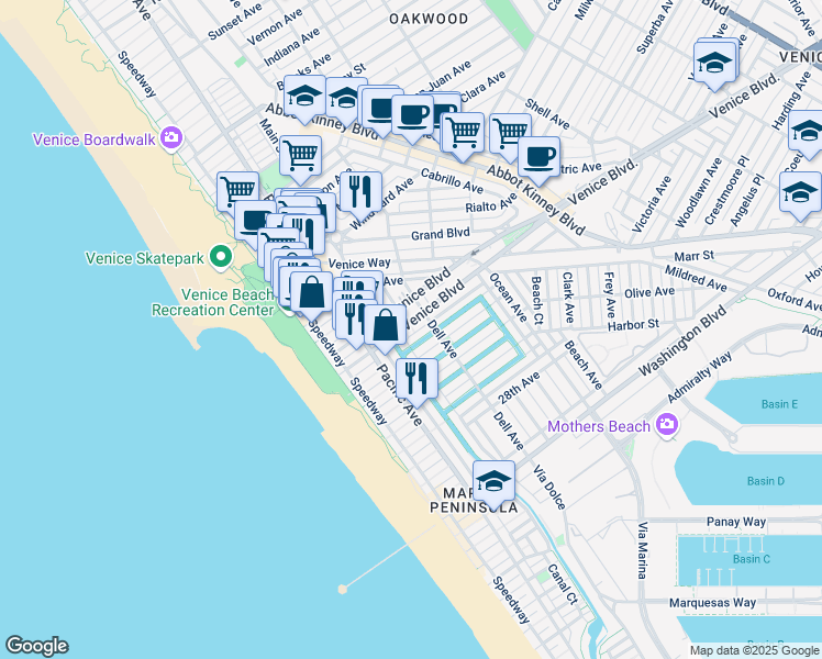 map of restaurants, bars, coffee shops, grocery stores, and more near 216 North Venice Boulevard in Los Angeles
