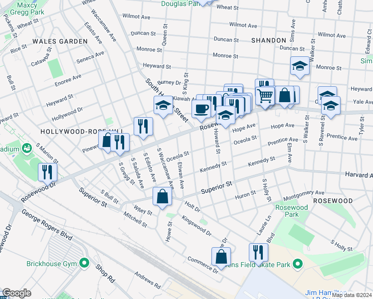 map of restaurants, bars, coffee shops, grocery stores, and more near 416 Graymont Avenue in Columbia