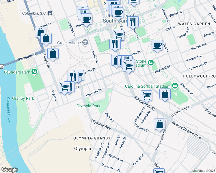 map of restaurants, bars, coffee shops, grocery stores, and more near 12 Cottonplace Lane in Columbia