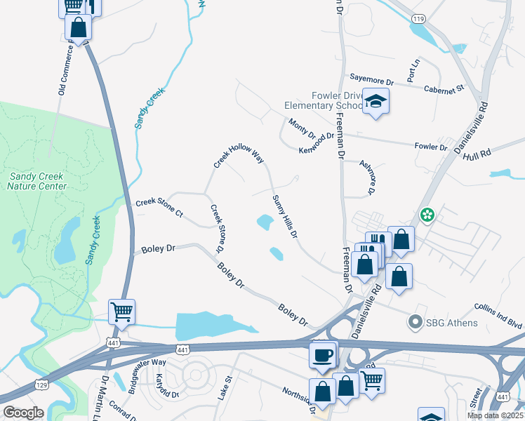map of restaurants, bars, coffee shops, grocery stores, and more near 237 Sunny Hills Drive in Athens