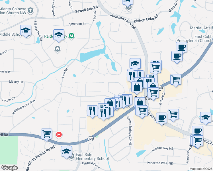 map of restaurants, bars, coffee shops, grocery stores, and more near 4050 Coyte Drive in Marietta