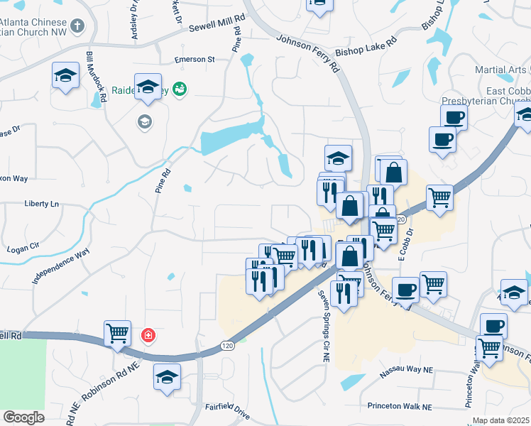 map of restaurants, bars, coffee shops, grocery stores, and more near 1450 Grovehurst Drive in Marietta
