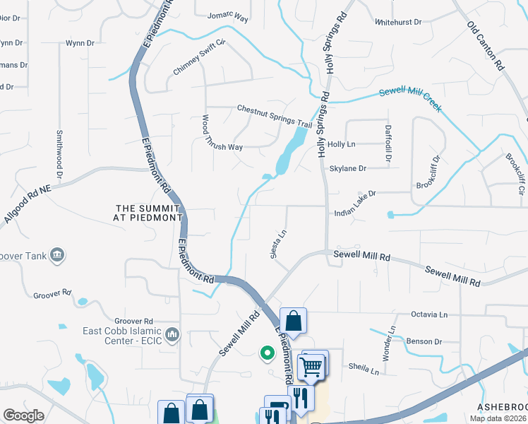 map of restaurants, bars, coffee shops, grocery stores, and more near 2381 Hembree Drive in Marietta