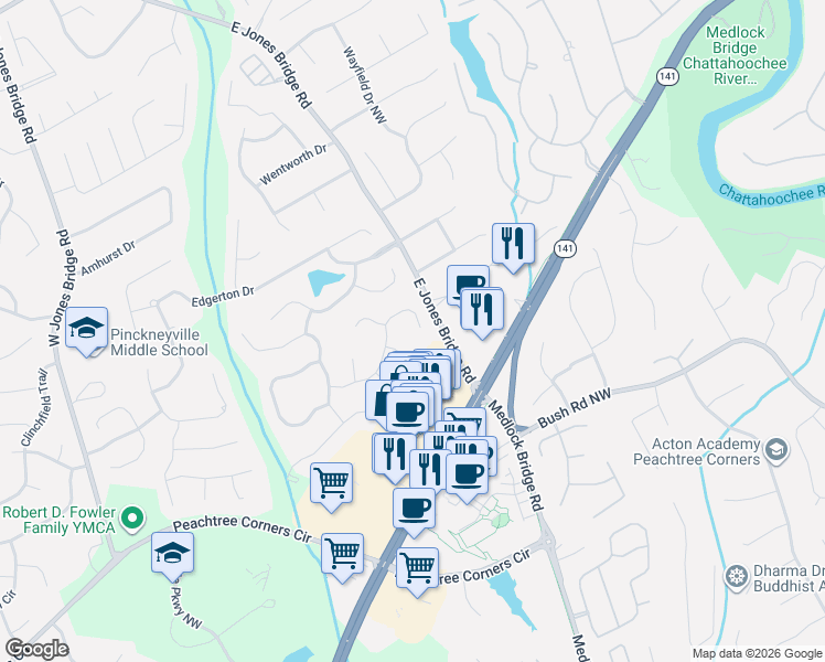 map of restaurants, bars, coffee shops, grocery stores, and more near 5010 Wild Ginger Cove in Norcross