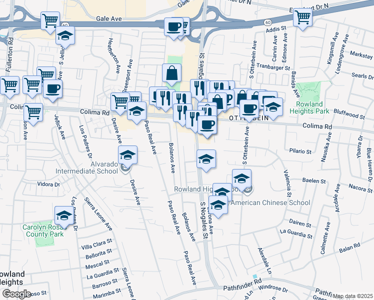 map of restaurants, bars, coffee shops, grocery stores, and more near 1816 Nowell Avenue in Rowland Heights