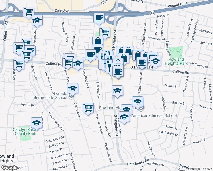 map of restaurants, bars, coffee shops, grocery stores, and more near 1817 Nogales Street in Rowland Heights