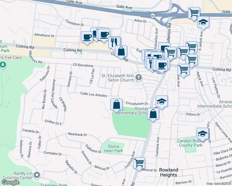 map of restaurants, bars, coffee shops, grocery stores, and more near 1882 Calle Madrid in Rowland Heights