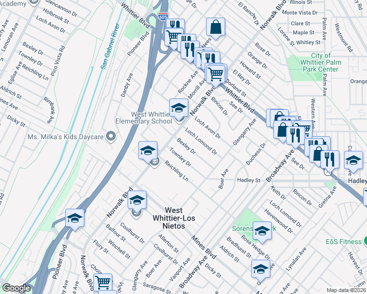 map of restaurants, bars, coffee shops, grocery stores, and more near 10837 Bexley Drive in Whittier