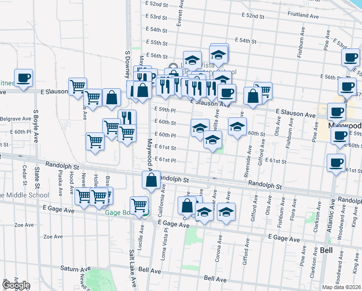 map of restaurants, bars, coffee shops, grocery stores, and more near 3628 East 60th Place in Huntington Park
