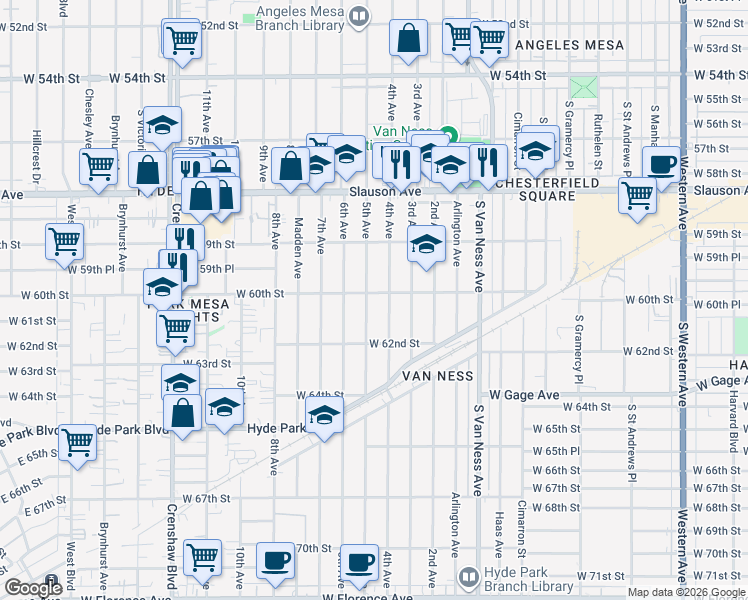 map of restaurants, bars, coffee shops, grocery stores, and more near 6003 5th Avenue in Los Angeles