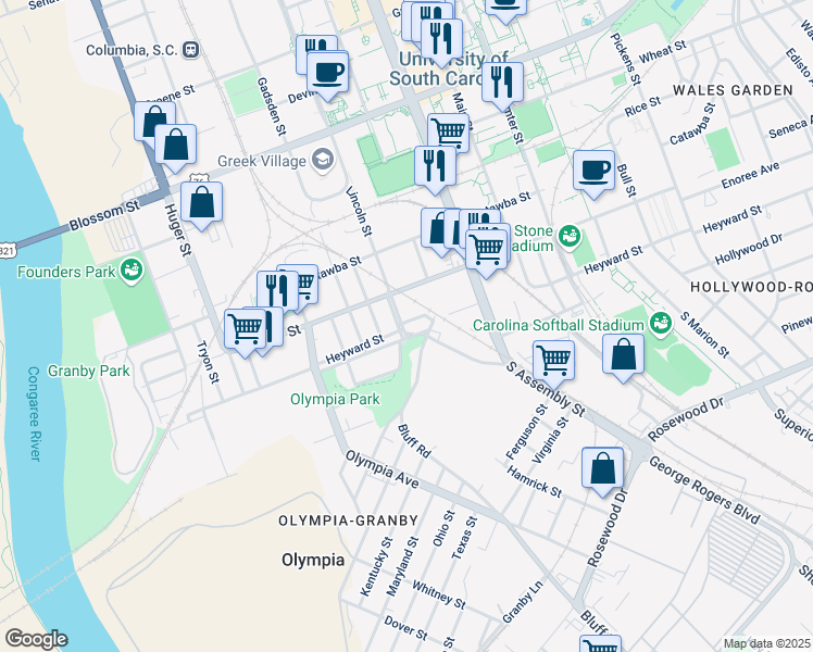 map of restaurants, bars, coffee shops, grocery stores, and more near 12 Cottonplace Lane in Columbia