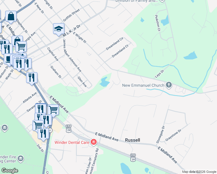 map of restaurants, bars, coffee shops, grocery stores, and more near 241 East Brook Drive Southeast in Winder