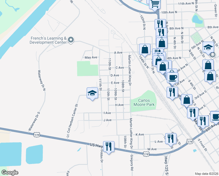 map of restaurants, bars, coffee shops, grocery stores, and more near 1098 E Avenue in Amory