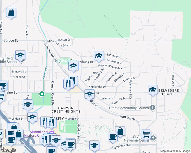map of restaurants, bars, coffee shops, grocery stores, and more near 3067 Flanders Road in Riverside