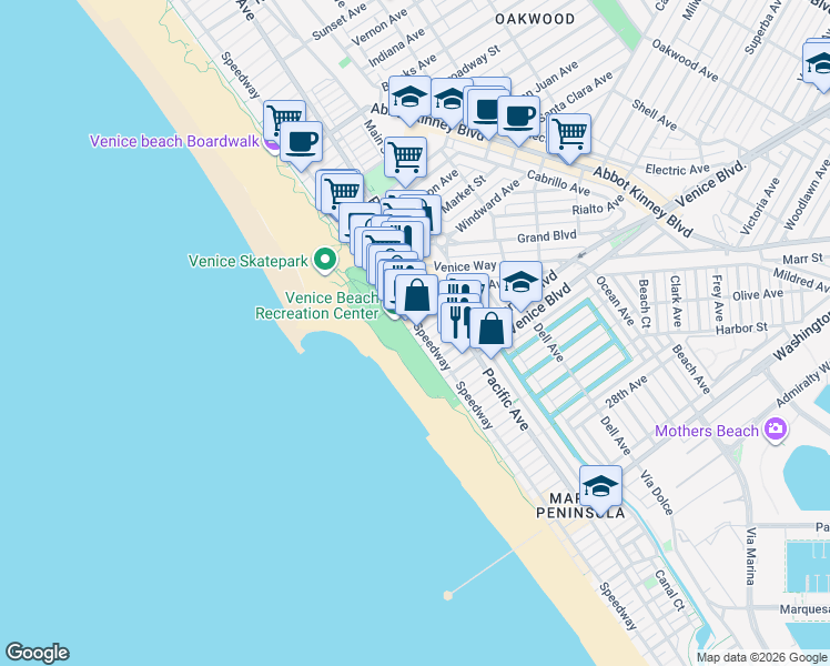 map of restaurants, bars, coffee shops, grocery stores, and more near 20 19th Avenue in Los Angeles