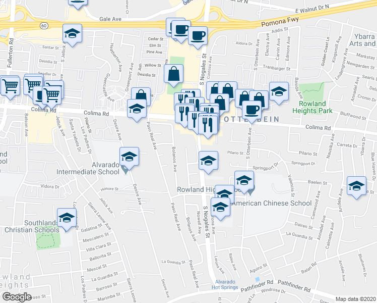 map of restaurants, bars, coffee shops, grocery stores, and more near 1816 Nowell Avenue in Rowland Heights