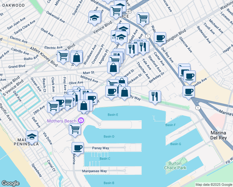 map of restaurants, bars, coffee shops, grocery stores, and more near 4265 Marina City Drive in Marina del Rey