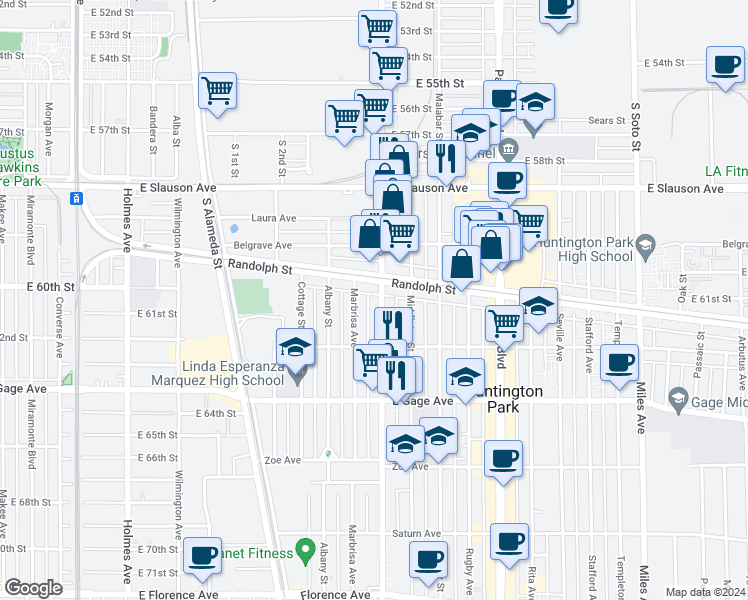 map of restaurants, bars, coffee shops, grocery stores, and more near 6121 Santa Fe Avenue in Huntington Park