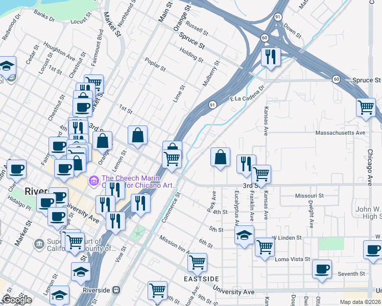 map of restaurants, bars, coffee shops, grocery stores, and more near 3079 East La Cadena Drive in Riverside