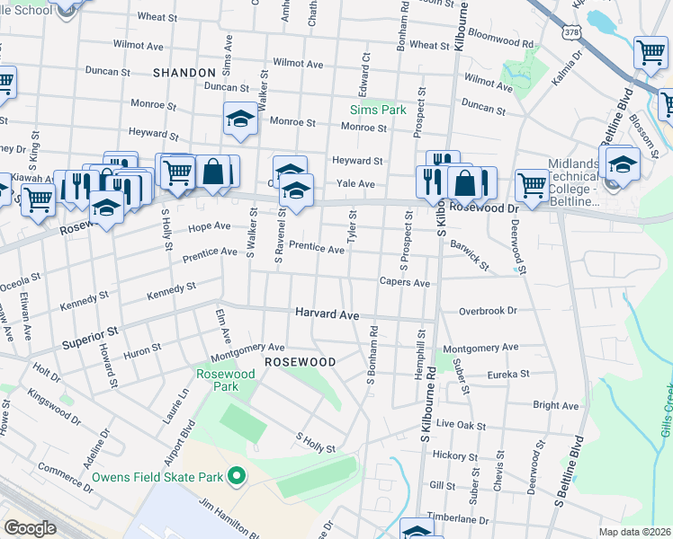 map of restaurants, bars, coffee shops, grocery stores, and more near 406 South Ott Road in Columbia