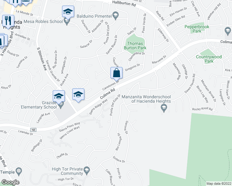 map of restaurants, bars, coffee shops, grocery stores, and more near 16388 Colima Road in Hacienda Heights