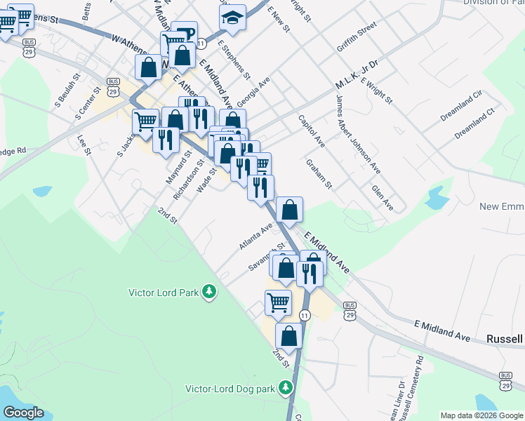 map of restaurants, bars, coffee shops, grocery stores, and more near 163 East May Street in Winder