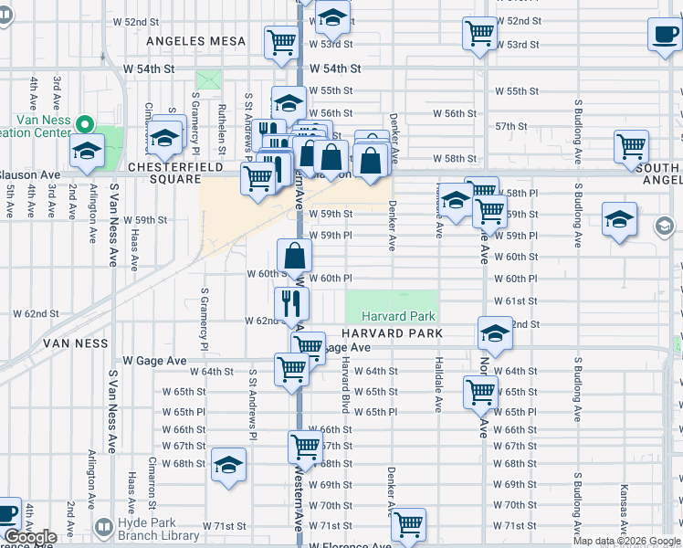 map of restaurants, bars, coffee shops, grocery stores, and more near 6008 Harvard Boulevard in Los Angeles