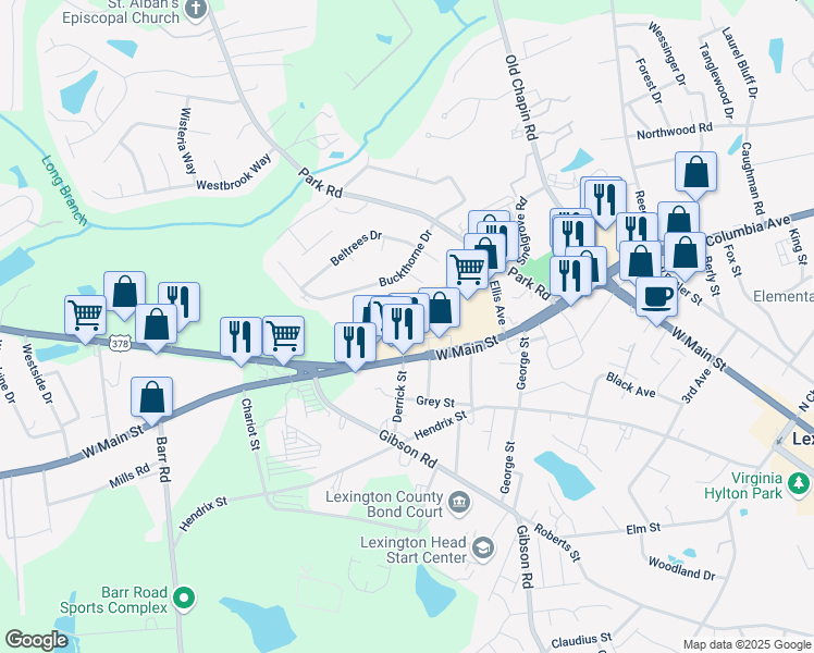 map of restaurants, bars, coffee shops, grocery stores, and more near 806 West Main Street in Lexington