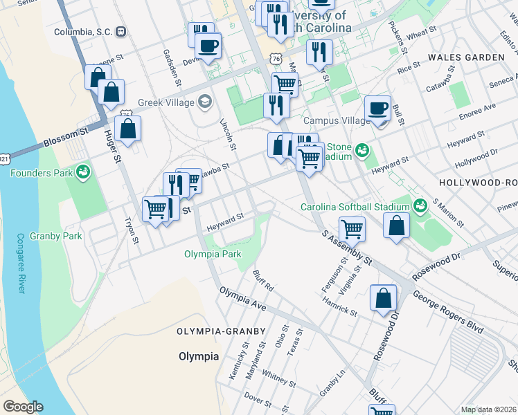 map of restaurants, bars, coffee shops, grocery stores, and more near 12 Cottonplace Lane in Columbia