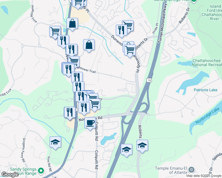 map of restaurants, bars, coffee shops, grocery stores, and more near 550 Northridge Parkway in Sandy Springs