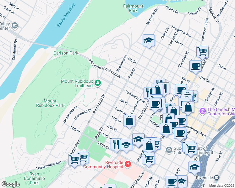 map of restaurants, bars, coffee shops, grocery stores, and more near 3857 Pine Street in Riverside