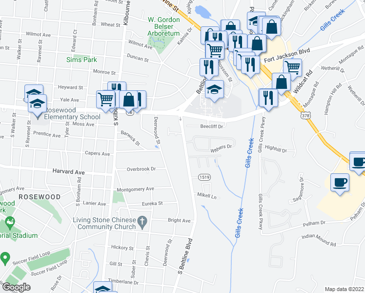 map of restaurants, bars, coffee shops, grocery stores, and more near 402 South Beltline Boulevard in Columbia