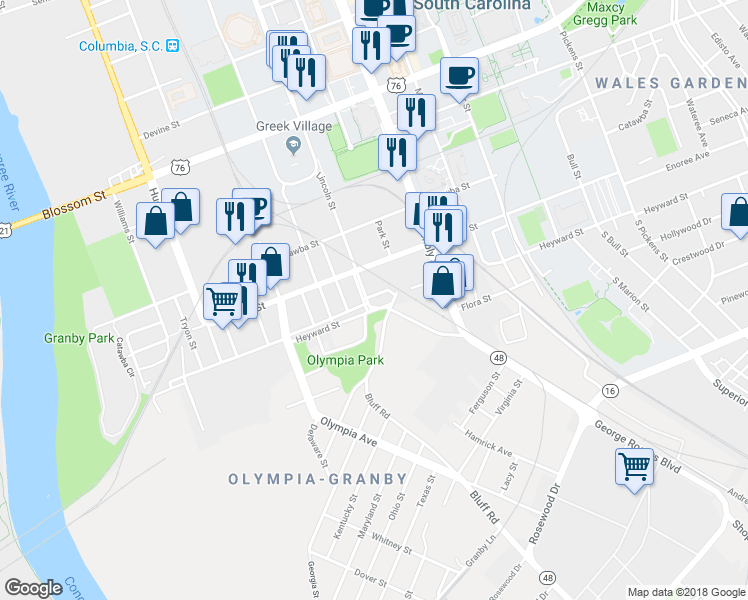 map of restaurants, bars, coffee shops, grocery stores, and more near 3 Cottonplace Lane in Columbia