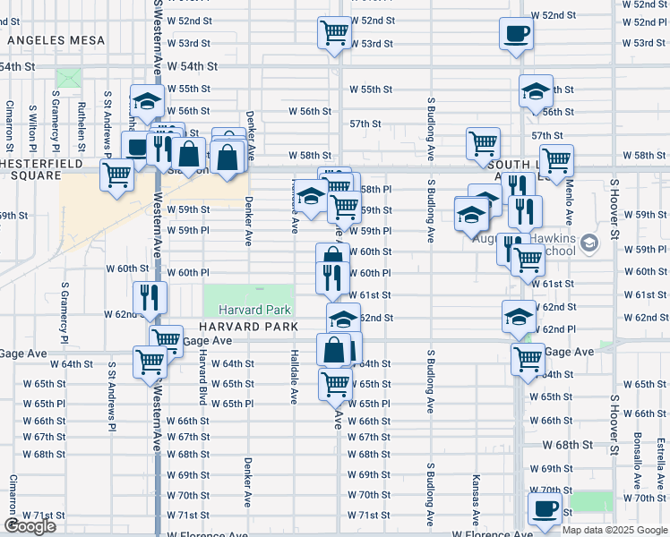 map of restaurants, bars, coffee shops, grocery stores, and more near 6049 South Normandie Avenue in Los Angeles