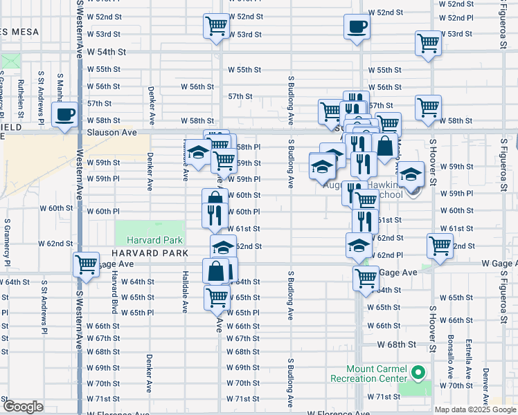map of restaurants, bars, coffee shops, grocery stores, and more near 1257 West 60th Place in Los Angeles
