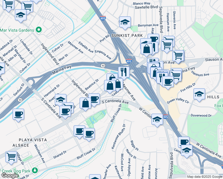 map of restaurants, bars, coffee shops, grocery stores, and more near 11844 Jefferson Boulevard in Culver City