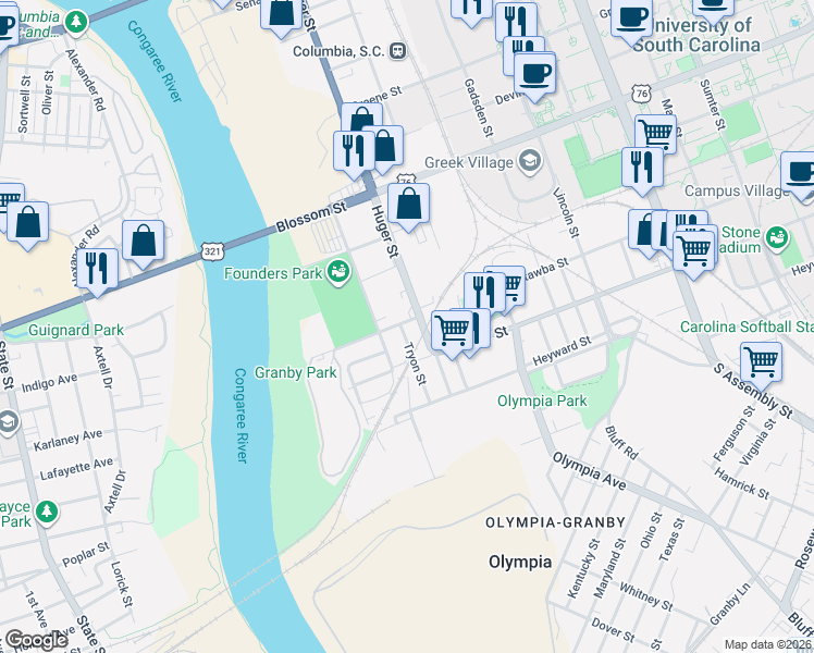 map of restaurants, bars, coffee shops, grocery stores, and more near 230 Tryon Street in Columbia