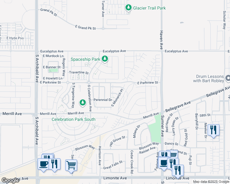map of restaurants, bars, coffee shops, grocery stores, and more near 3229 East Caterpillar Lane in Ontario
