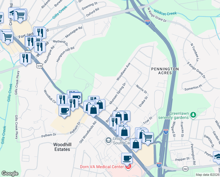 map of restaurants, bars, coffee shops, grocery stores, and more near 933 Woodlawn Avenue in Columbia