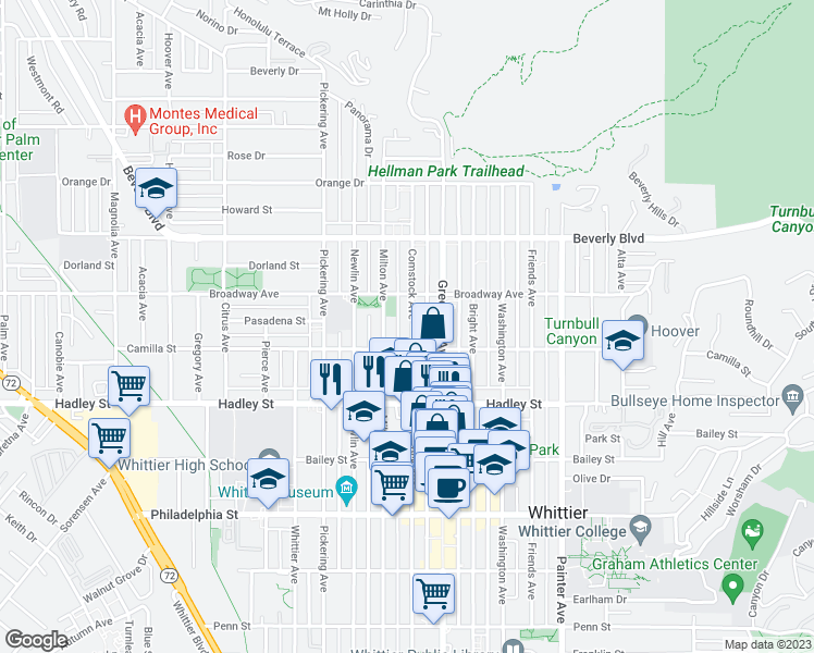 map of restaurants, bars, coffee shops, grocery stores, and more near 6237 Comstock Avenue in Whittier