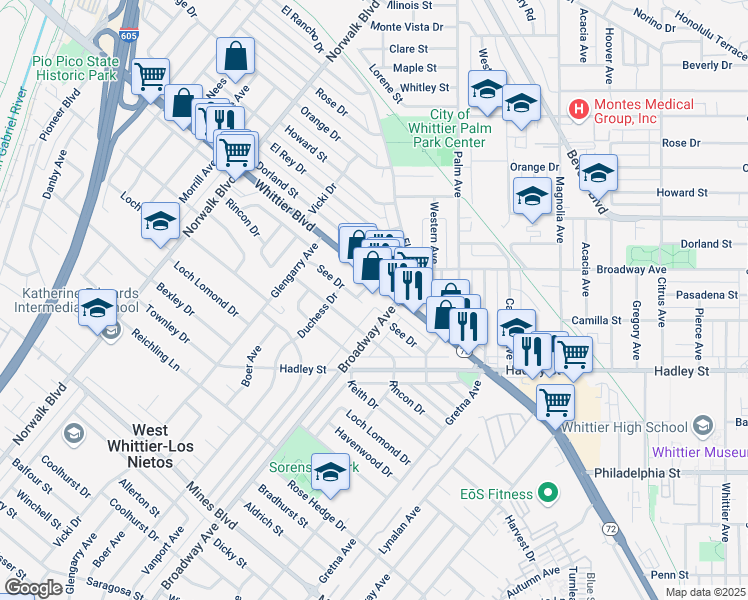 map of restaurants, bars, coffee shops, grocery stores, and more near 11219 See Drive in Whittier