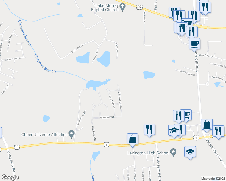 map of restaurants, bars, coffee shops, grocery stores, and more near 604 Blue Lake Lane in Lexington