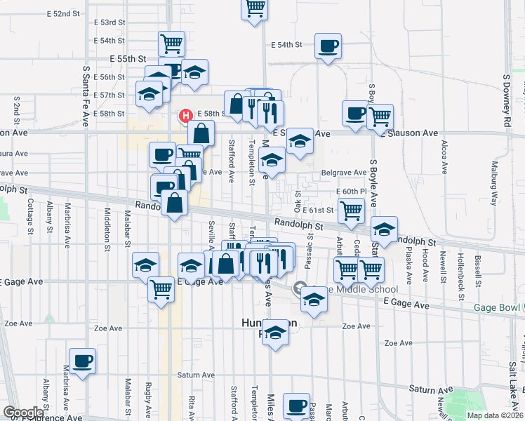 map of restaurants, bars, coffee shops, grocery stores, and more near 6059 Miles Avenue in Huntington Park