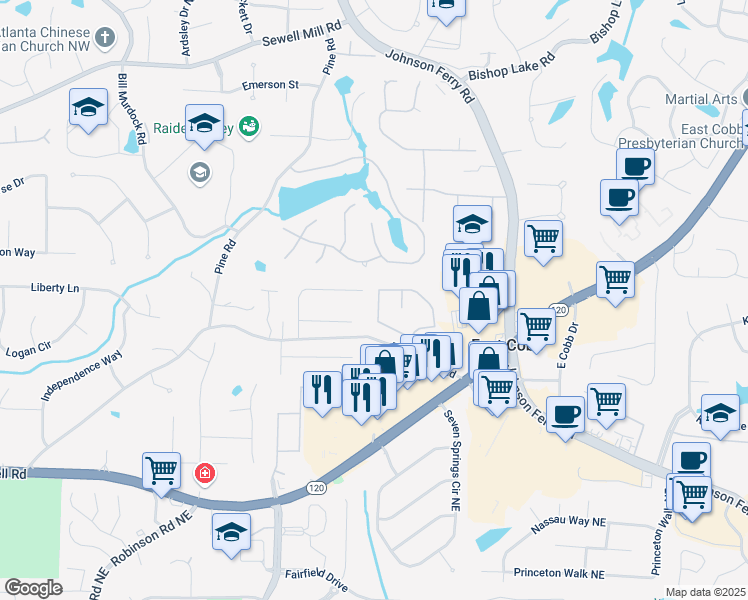 map of restaurants, bars, coffee shops, grocery stores, and more near 1450 Grovehurst Drive in Marietta