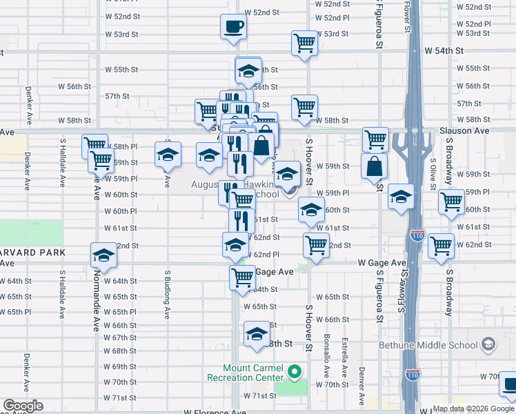 map of restaurants, bars, coffee shops, grocery stores, and more near 916 West 60th Street in Los Angeles