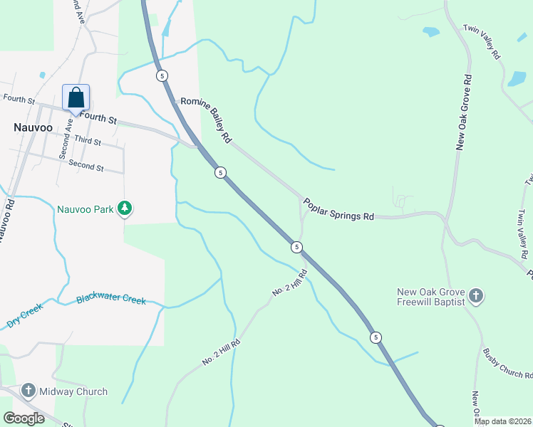 map of restaurants, bars, coffee shops, grocery stores, and more near 14920 Alabama 5 in Nauvoo