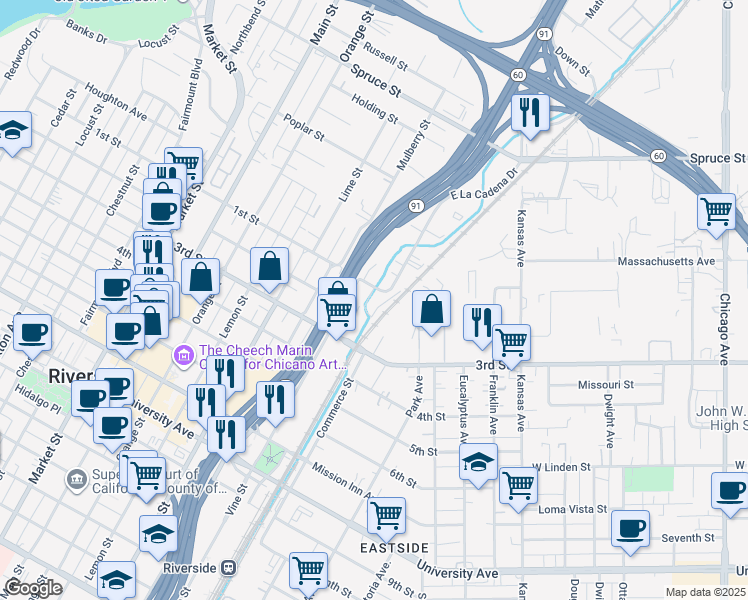 map of restaurants, bars, coffee shops, grocery stores, and more near 3112 1st Street in Riverside