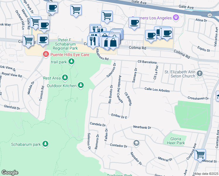 map of restaurants, bars, coffee shops, grocery stores, and more near 1951 Rio Bonito Drive in Rowland Heights